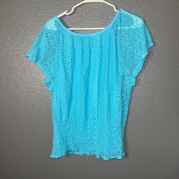 CJ by Christopher & Banks Boho Lace Top Size M | Turquoise Crochet Flutter Sleev - Picture 3 of 3